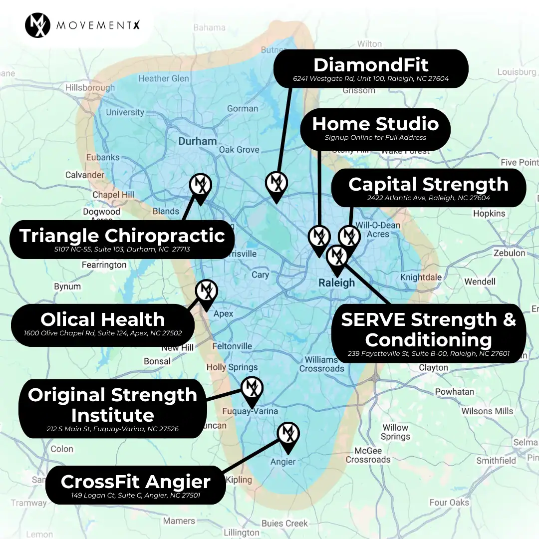 Coverage map of MovementX physical therapy in Raleigh-Durham North Carolina (8) (1) Coverage map of MovementX physical therapy in Raleigh-Durham North Carolina