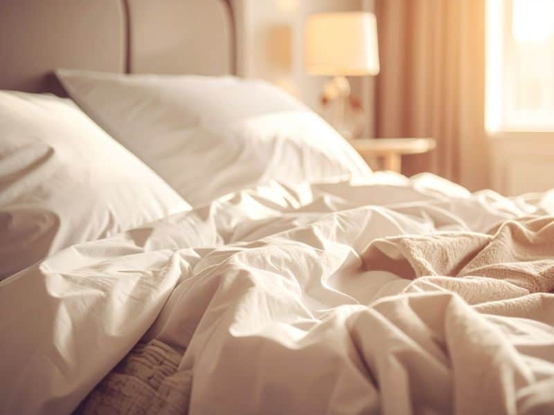 A bed with ruffled sheets with light coming in through the side window.