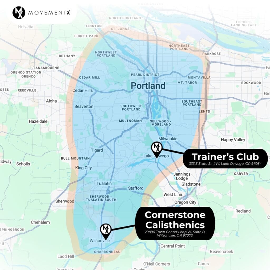 Coverage map of MovementX physical therapy in Portland, Oregon